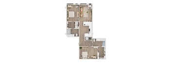 A floor plan of a house with a kitchen, living room, and bathrooms.