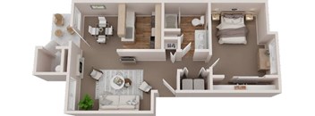 A 3D floor plan of a house with a living room, kitchen, and bedrooms.