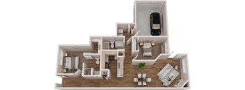 A 3D floor plan of a house with a car parked in the garage.