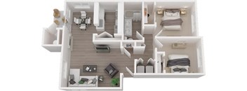 A 3D floor plan of a house with multiple rooms and furniture.