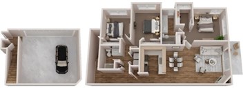 A floor plan of a house with a car parked in the driveway.