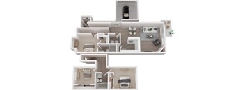 A floor plan of a two-bedroom apartment with a car parked in the garage.