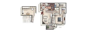 A floor plan of a house with a living room, kitchen, and bedrooms.