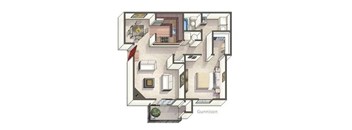 A floor plan of a Gunnison apartment with a kitchen, living room, and bathroom.