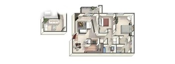 A floor plan of a multi-level home with a staircase in the center.