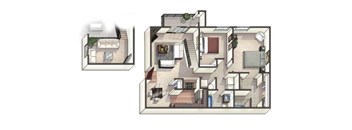 A drawing of a house with a floor plan and an elevation view.