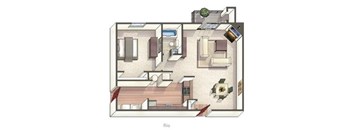 A floor plan of a home layout with a kitchen, living room, and bedrooms.