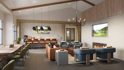 A modern living room with a fireplace and a dining table.