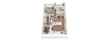 A floor plan of a small apartment with a kitchen, living room, and bathroom.