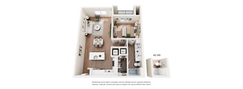 A 3D floor plan of a small apartment with a kitchen, living room, and bathroom.