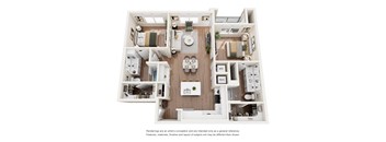 A 3D floor plan of a house with a kitchen, living room, and two bedrooms.