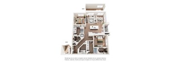 A 3D floor plan of a 2-bedroom apartment.