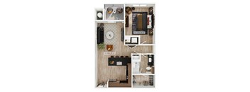 A top-down view of a small apartment layout with a kitchen, living room, and bathroom.