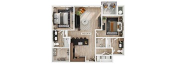 A floor plan of a small apartment with a kitchen, living room, and bathroom.