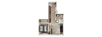 A floor plan of a two-story apartment with a living room, kitchen, and bathroom.