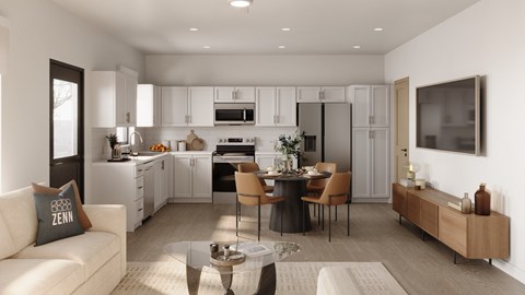 A modern kitchen with a dining table set for four.