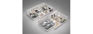 A 3D rendered image of a house layout with two cars parked in the garage.