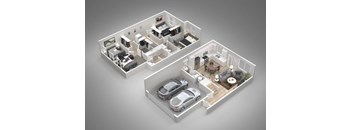 A 3D floor plan of a house with two bedrooms, two bathrooms, a living room, a kitchen, and a garage with two cars.