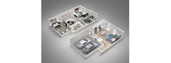 A 3D floor plan of a house with two bedrooms, two bathrooms, a living room, a kitchen, and a garage with two cars.