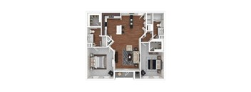 A top-down view of a house layout with a kitchen, living room, and bedrooms.