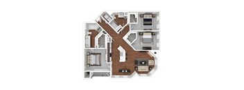 A top-down view of a house layout with a living room, kitchen, and bedrooms.