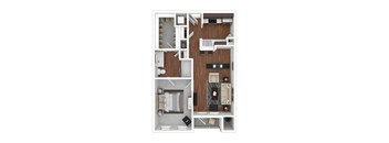 A top-down view of a small apartment layout with a kitchen, living room, and bedroom.