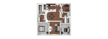 A top-down view of a house layout with a central living area, bedrooms, and bathrooms.