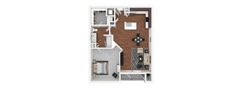 A top-down view of a house layout with a kitchen, living room, and bedrooms.