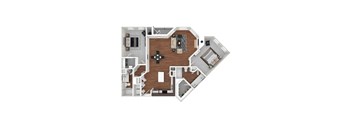A top-down view of a house layout with a central living area, two bedrooms, a kitchen, and a bathroom.