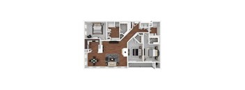 A 3D floor plan of a house with multiple rooms and furniture.