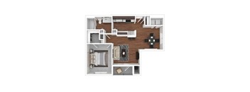 A top-down view of a modern apartment layout with a kitchen, living room, and bedrooms.