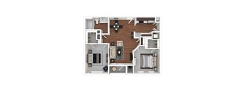 A top-down view of a house layout with a kitchen, living room, and bedrooms.