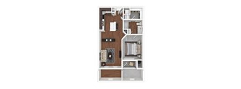 A top-down view of a small apartment layout with a kitchen, living room, and bathroom.