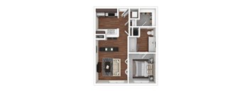 A top-down view of a small apartment with a kitchen, living room, and bedroom.