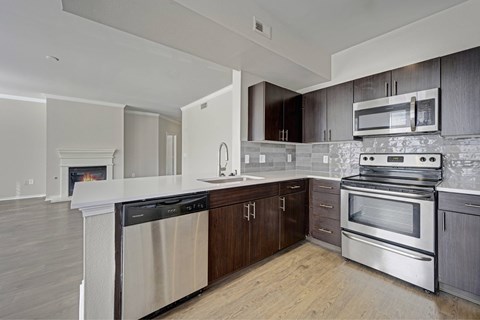 A modern kitchen with dark wood cabinets and stainless steel appliances.