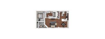 A floor plan of a house with a kitchen, living room, and two bedrooms.