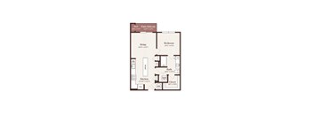 A floor plan of a home with a living room, kitchen, bedroom, bathroom and closet.