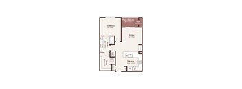 A floor plan of a house with a living room, kitchen, bedroom and bathroom.