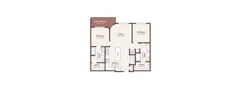 A floor plan of an apartment with a kitchen, two bedrooms, a living room, and two closets.
