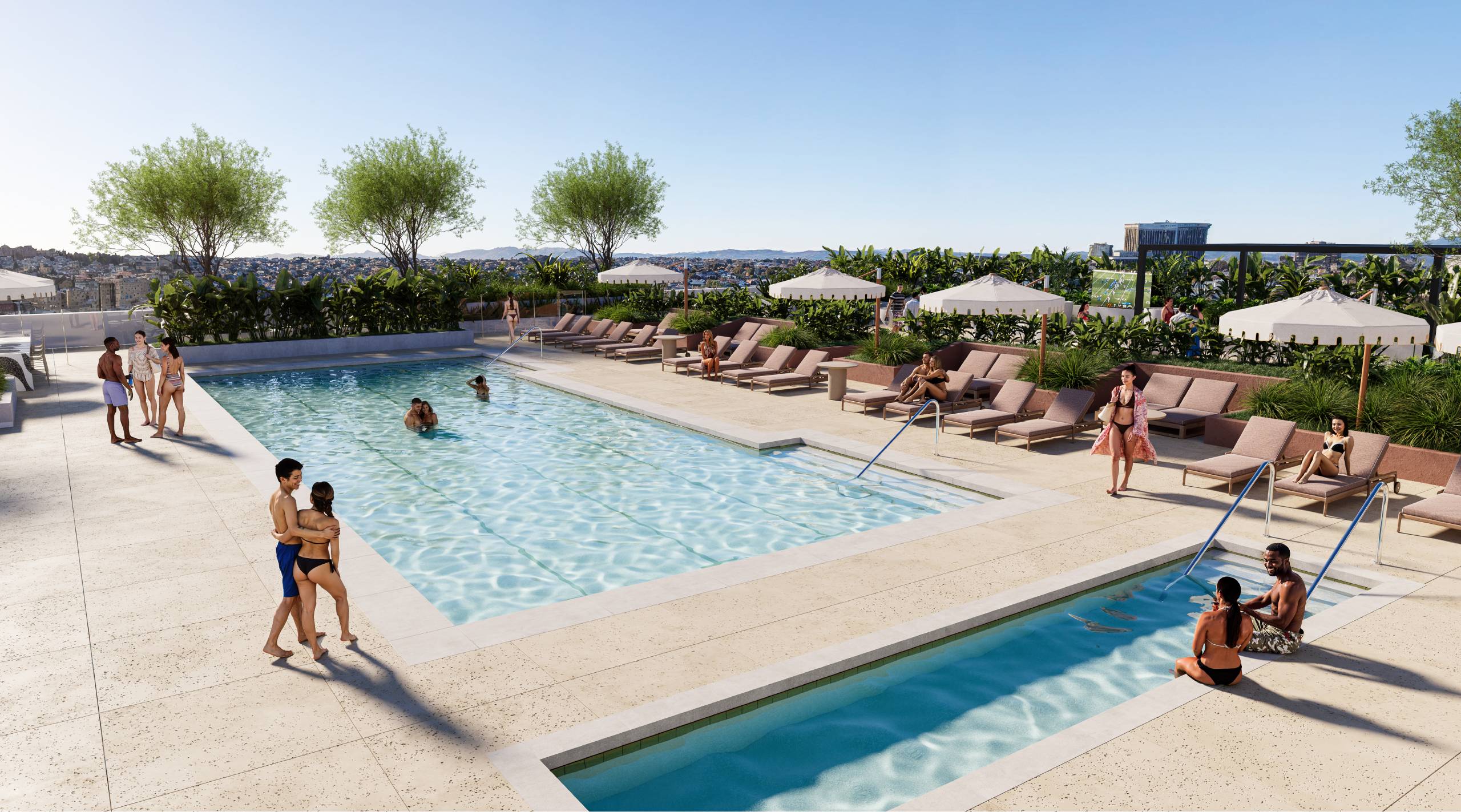 A group of people are enjoying a sunny day by the pool.