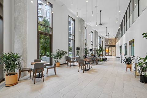 A large open space with tables and chairs and potted plants.