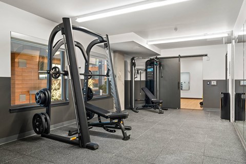 A gym with a variety of equipment including a squat rack, bench, and weights.