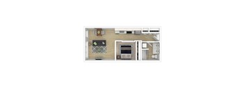 A top-down view of a small apartment with a kitchen, living room, and bedroom.