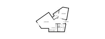 A floor plan of a house with a living room, kitchen, bathroom, and a zen room.