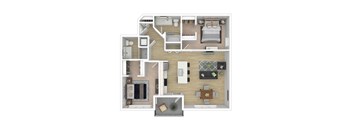 A top-down view of a house layout with a kitchen, living room, and bedrooms.
