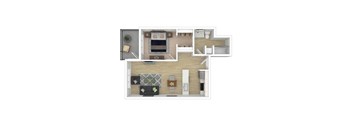 A floor plan of a house with a kitchen, living room, and bathroom.