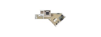 A top-down view of a small apartment with a kitchen, living room, and bedroom.