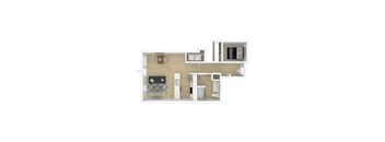 A floor plan of a house with a kitchen, living room, and bathroom.
