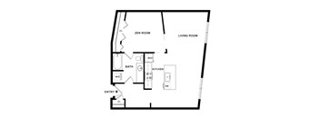 A floor plan of a small apartment with a living room, kitchen, bathroom, and zen room.