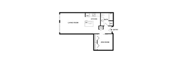 A floor plan of a living space with a living room, kitchen, bathroom, and zen room.